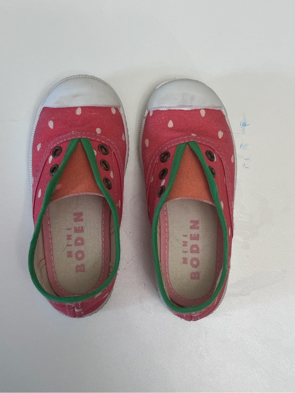 Mini Boden Pink Polka Dot Slip-Ons with Green Trim
